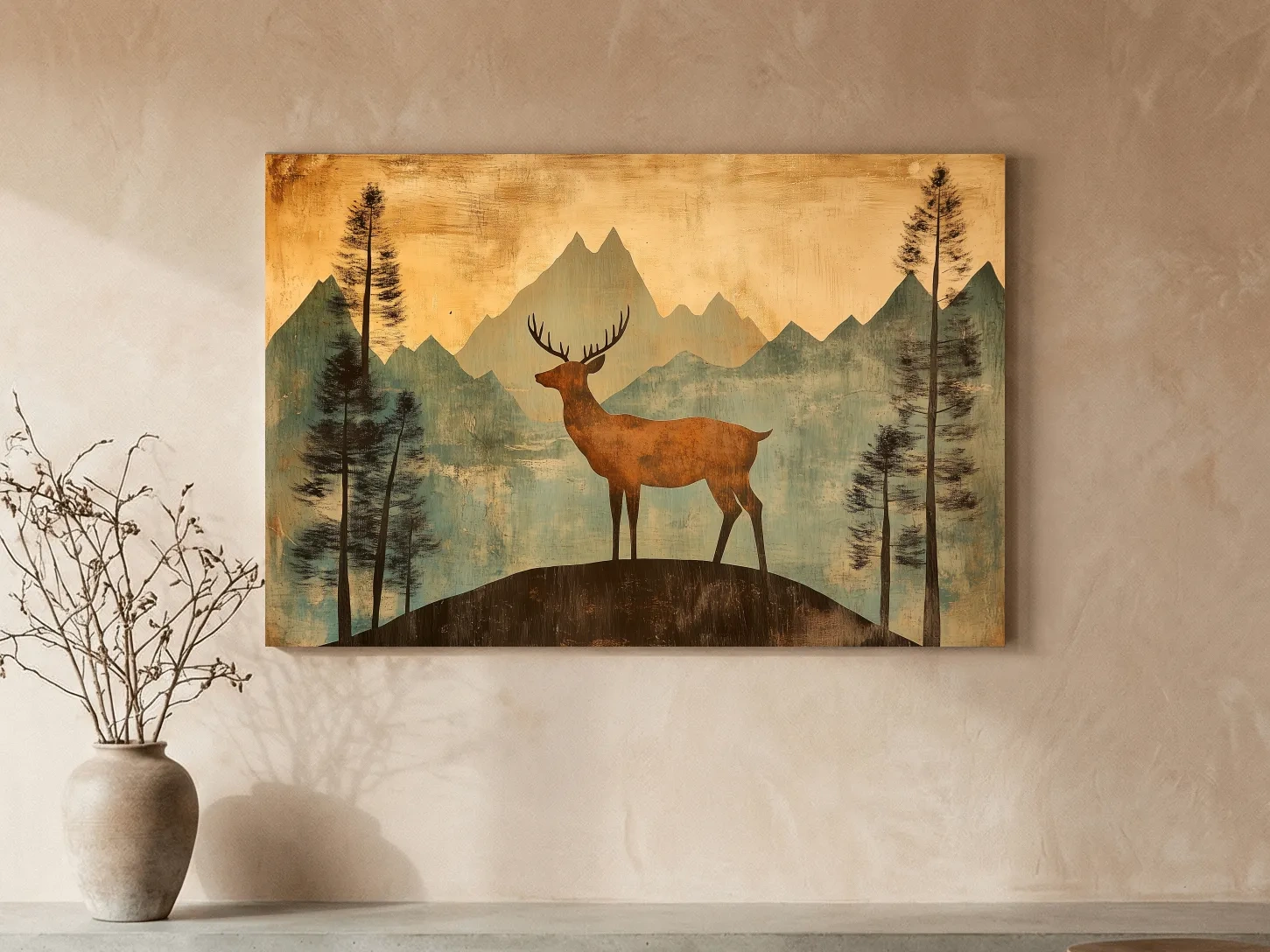 Rustic Deer Silhouette Mountain Landscape - Vintage Woodland Wall Art