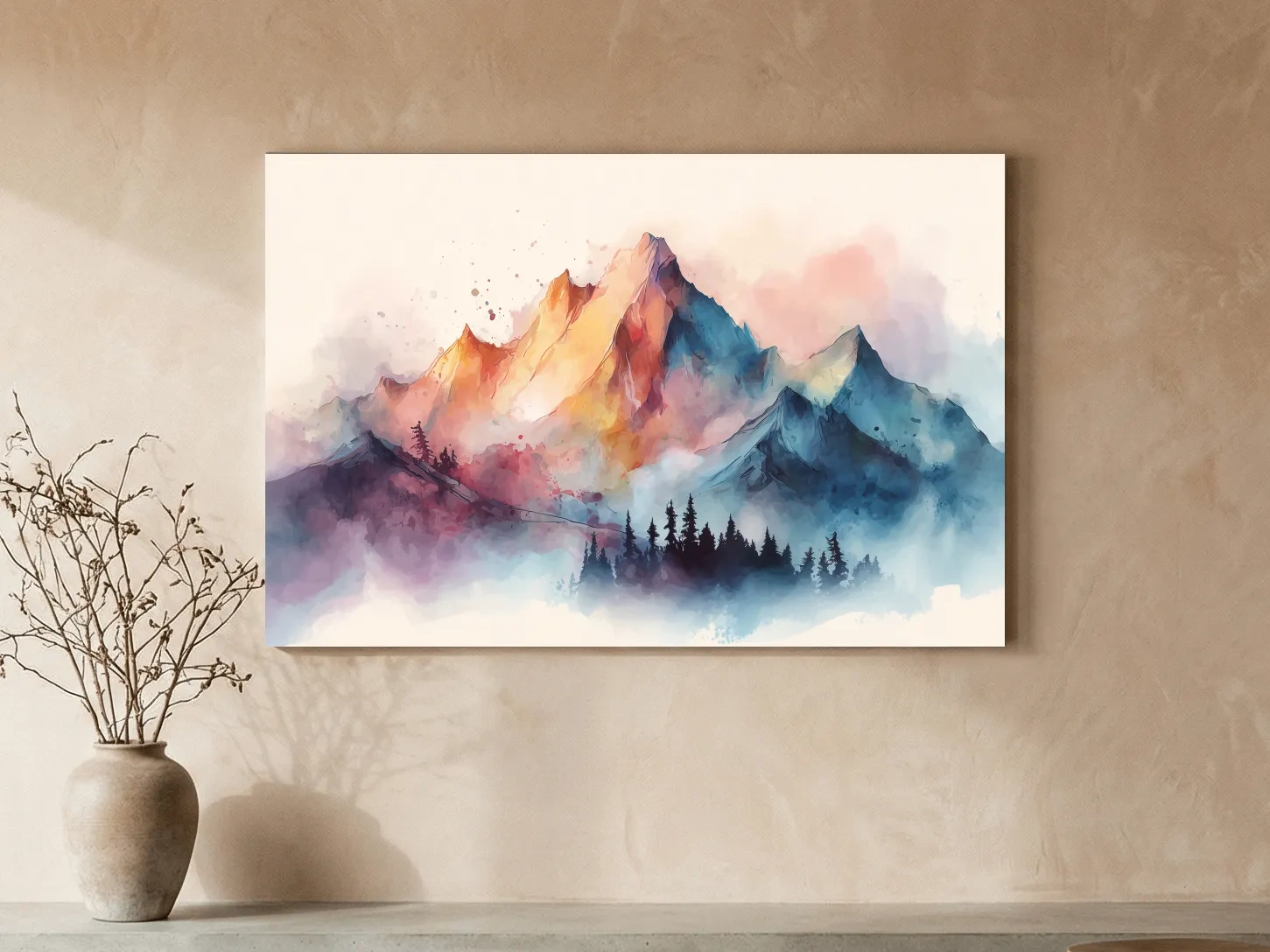 Vibrant Watercolor Mountain Peaks - Colorful Misty Alpine Forest Wall Art