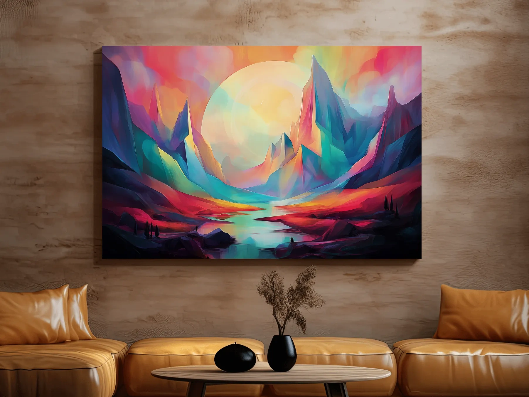 Vibrant Abstract Mountain Valley Sunset - Colorful Surreal Landscape Wall Art