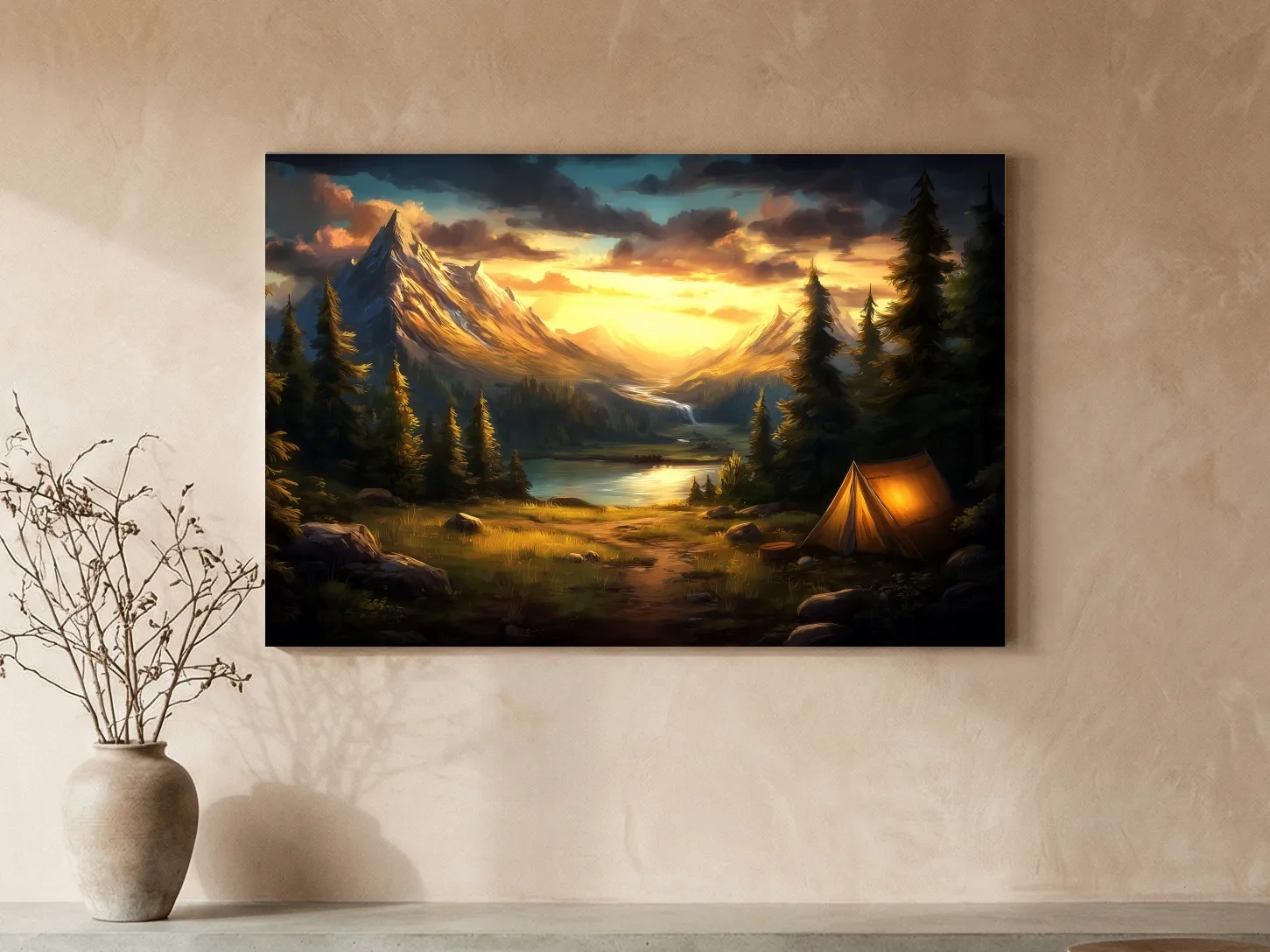 Golden Sunset Alpine Camping Scene Impressionist Painting - Scenic Mountain Wall Art