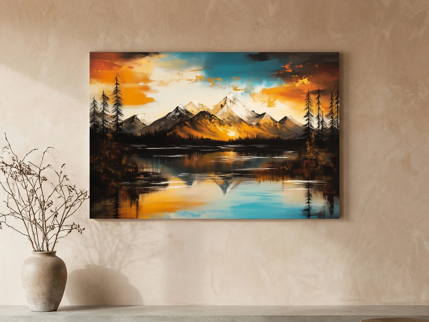 Alpine Mountain Sunset Oil Painting - Abstract Landscape Wall Art