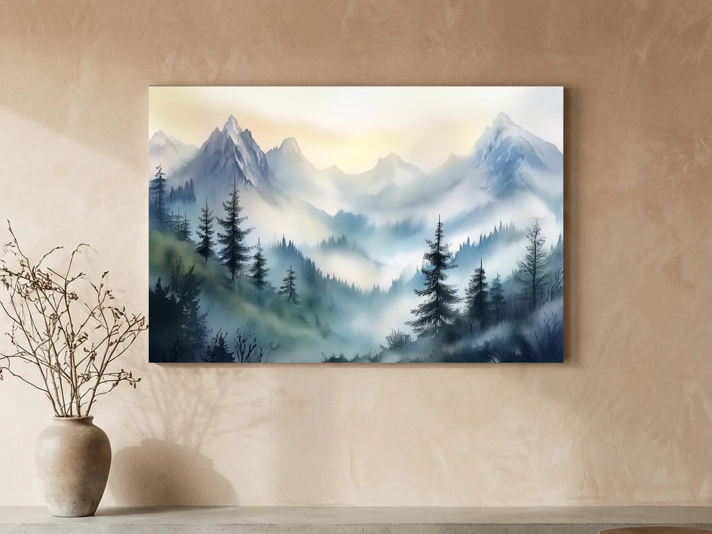 Chinese Ink Wash Watercolor Mountain Peaks - Foggy Alpine Wall Art