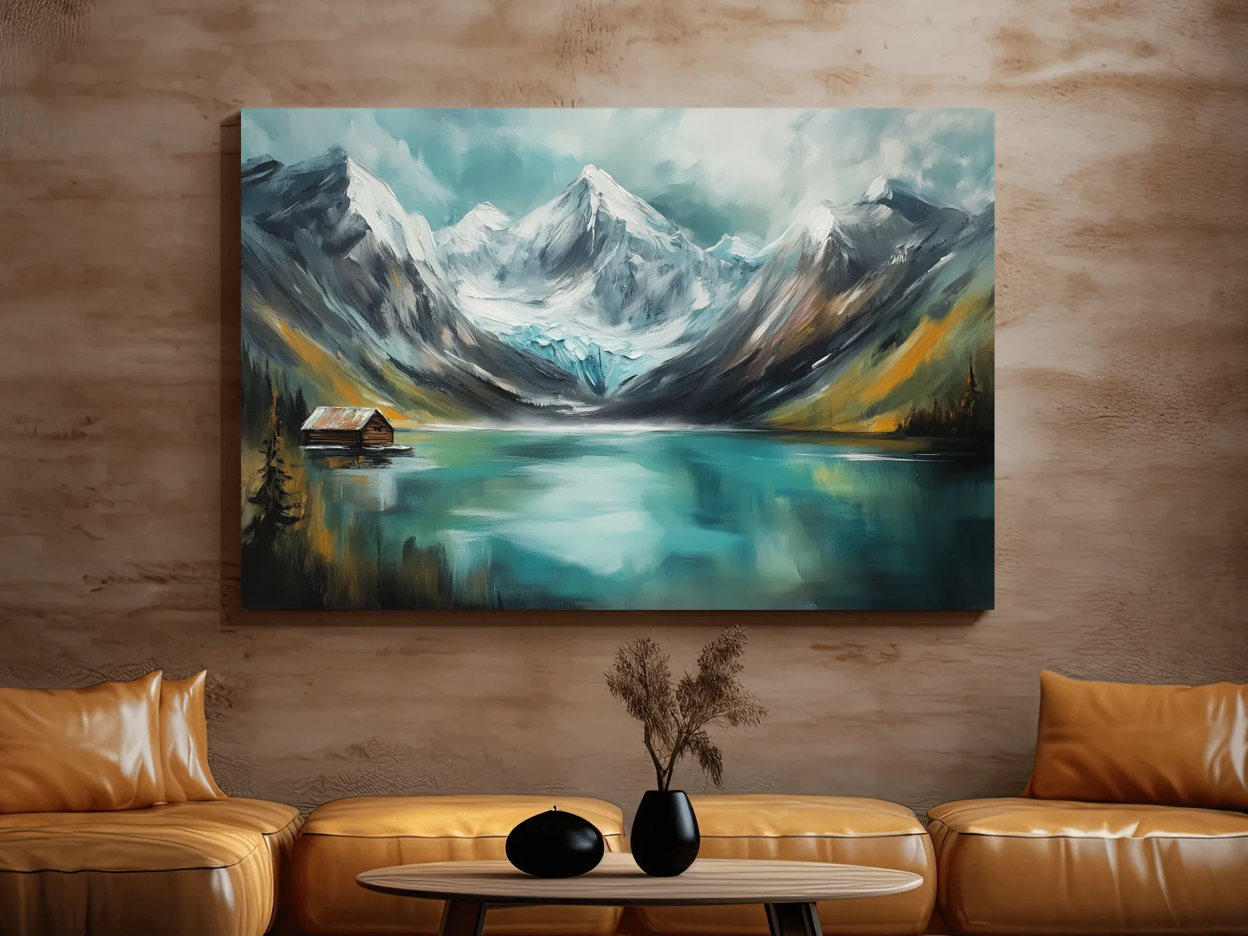 Turquoise Alpine Lake Cabin Painting - Snowy Mountain Landscape Wall Art
