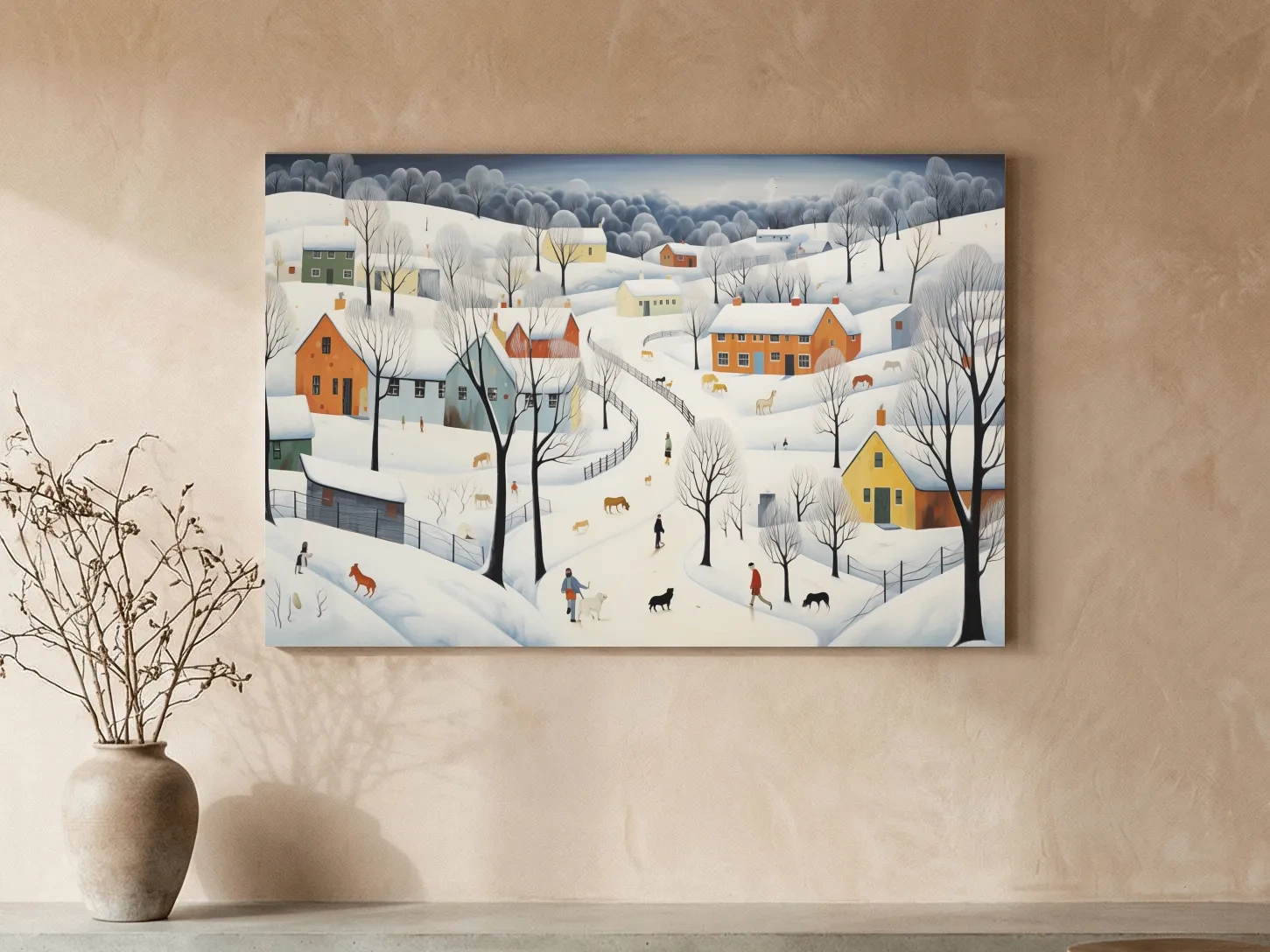 Whimsical Snowy Village Winter Landscape Painting - Folk Art Countryside Wall Art