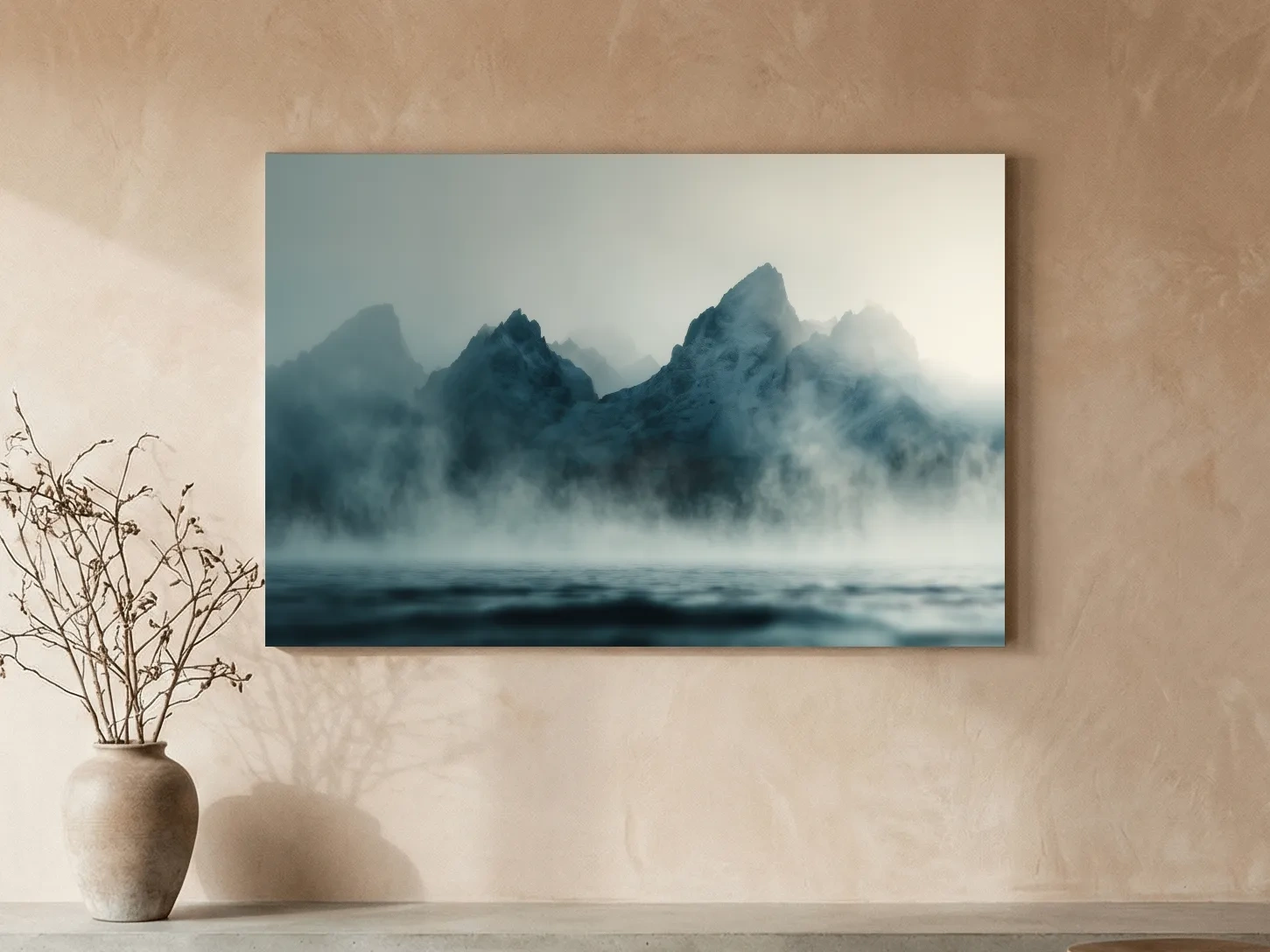 Moody Misty Mountain Peaks Over Water - Atmospheric Monochrome Landscape Wall Art