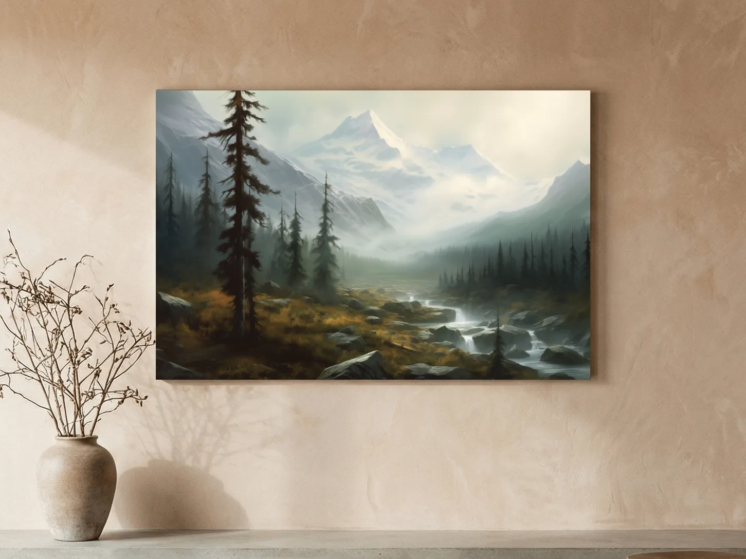 Misty Alpine Mountain Valley Painting - Foggy Evergreen Forest Wall Art