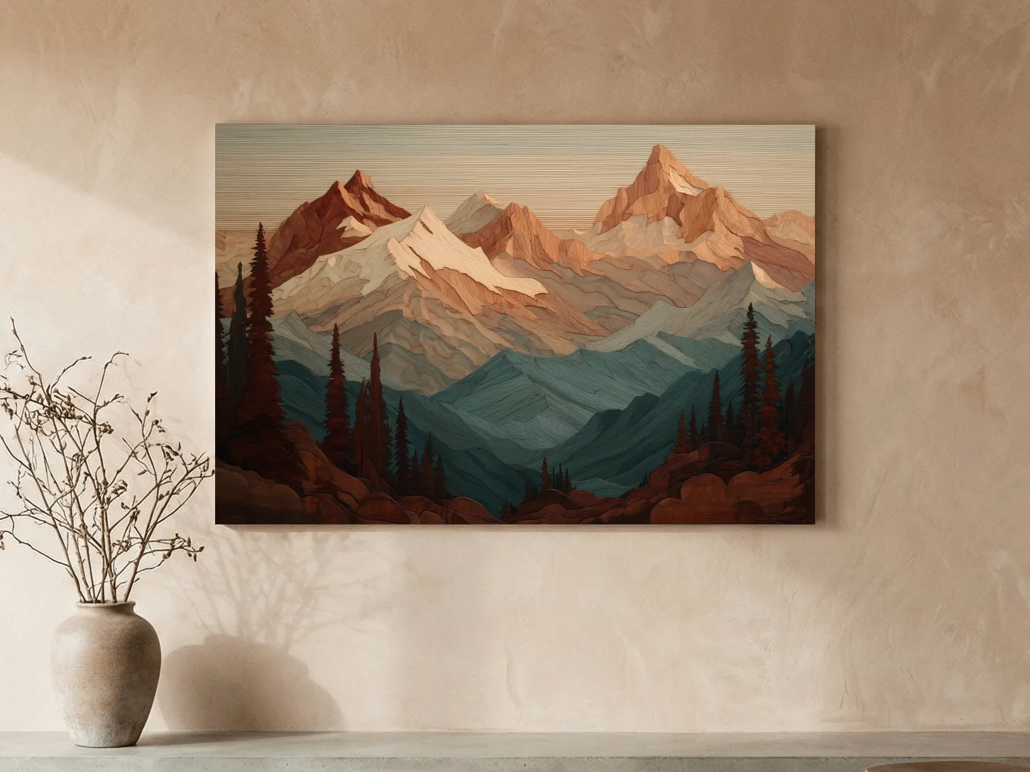 Layered Wood Alpine Mountain Range - Textured Topographic Landscape Wall Art