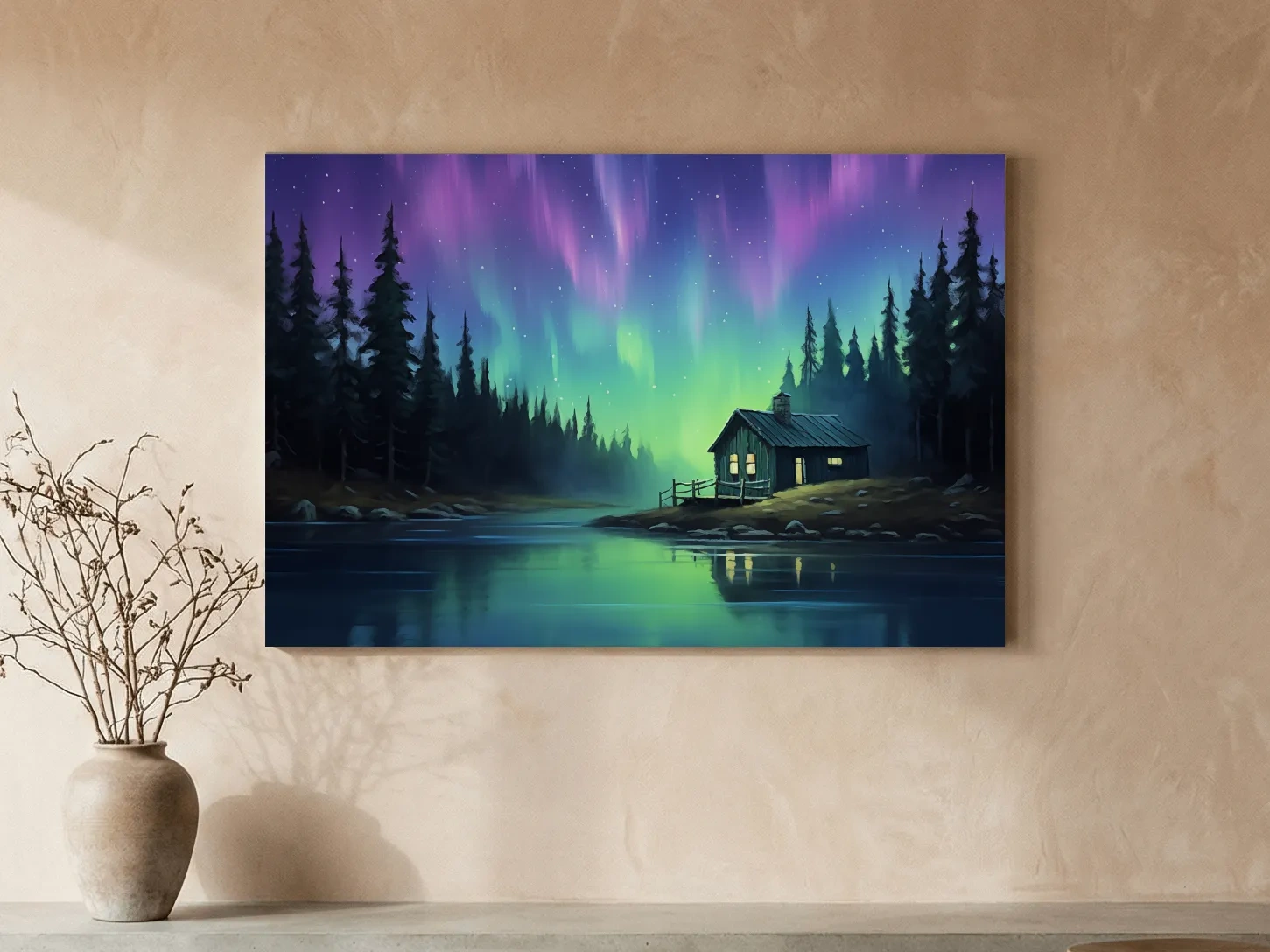 Northern Lights Over Lakeside Cabin Painting - Aurora Borealis Night Wall Art