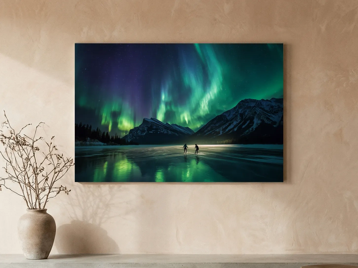 Ice Skaters Under Vibrant Northern Lights - Aurora Borealis Photographic Wall Art