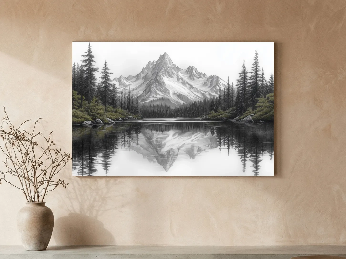 Monochrome Alpine Mountain Lake Reflection Sketch Artwork - Minimalist Forest Landscape Wall Art