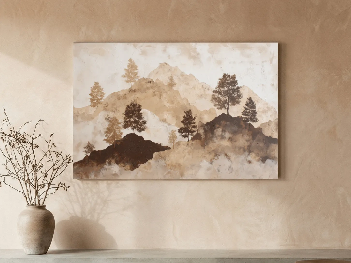 Wabi-Sabi Mountain Tree Silhouettes Painting - Minimalist Landscape Wall Art