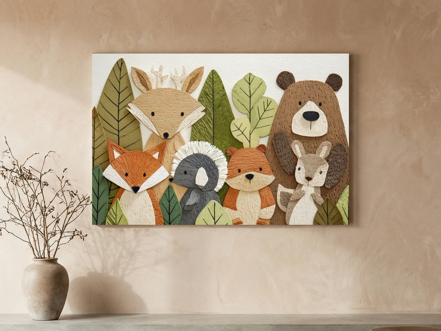 Woodland Animal Nursery Decor - Cute Forest Animals Embroidery Style Wall Art