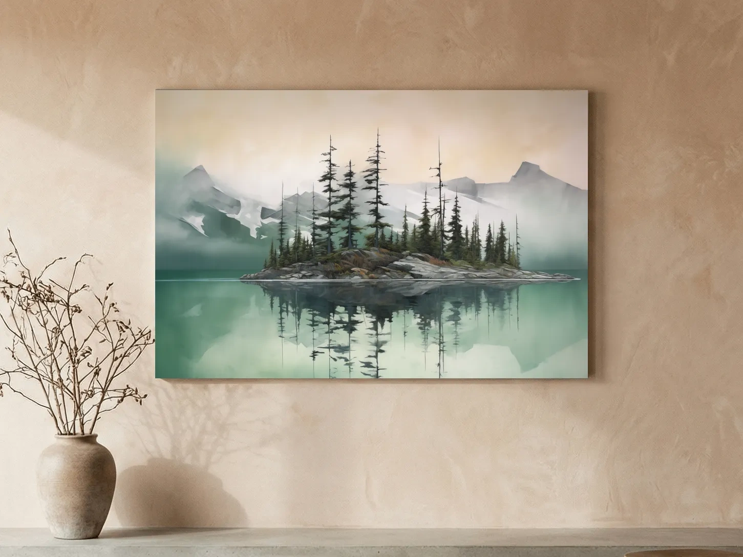 Misty Turquoise Alpine Lake Reflection - Serene Watercolor Mountain Landscape Wall Art