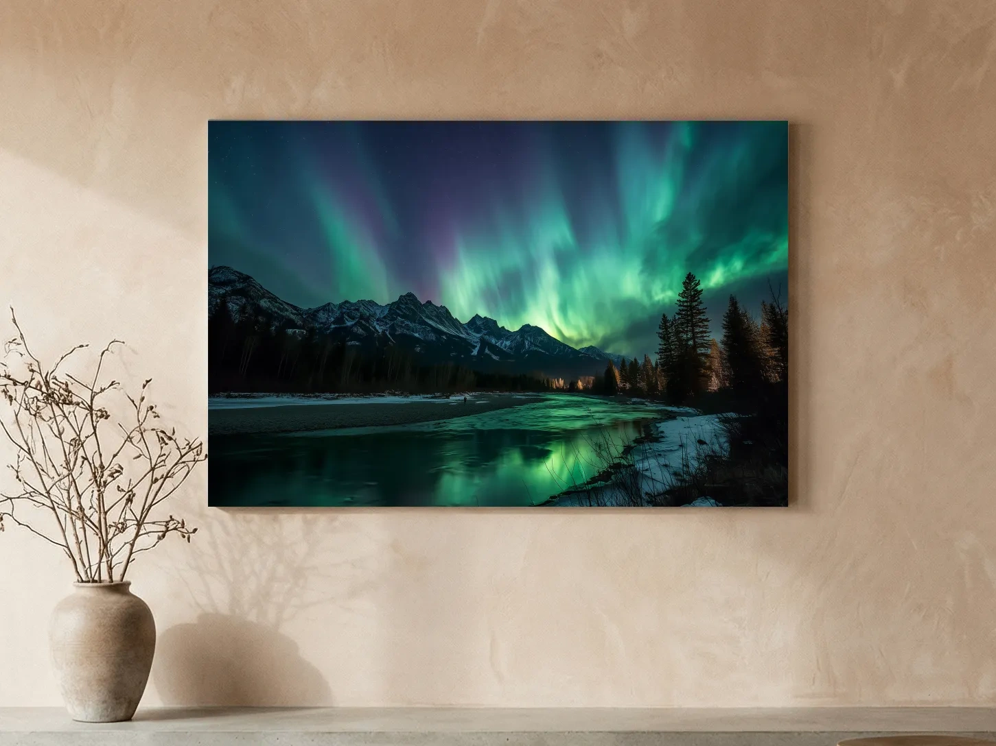 Vibrant Green Northern Lights Over Frozen Lake - Aurora Borealis Landscape Wall Art