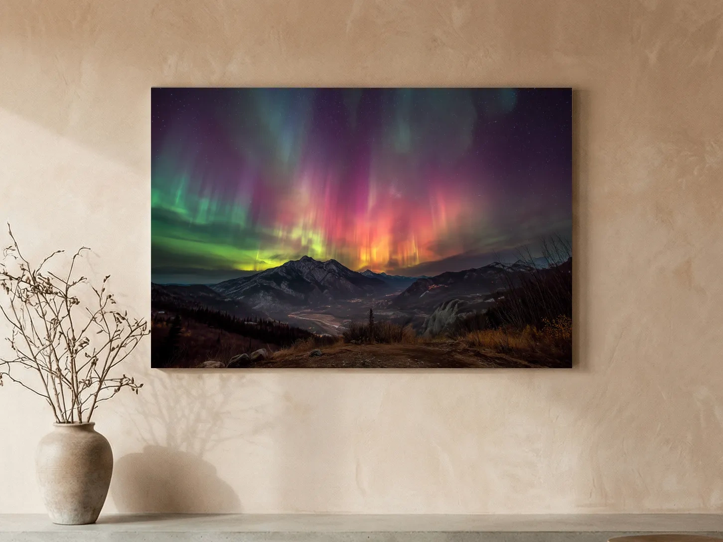 Vibrant Aurora Borealis Over Mountain Range - Colorful Northern Lights Landscape Wall Art
