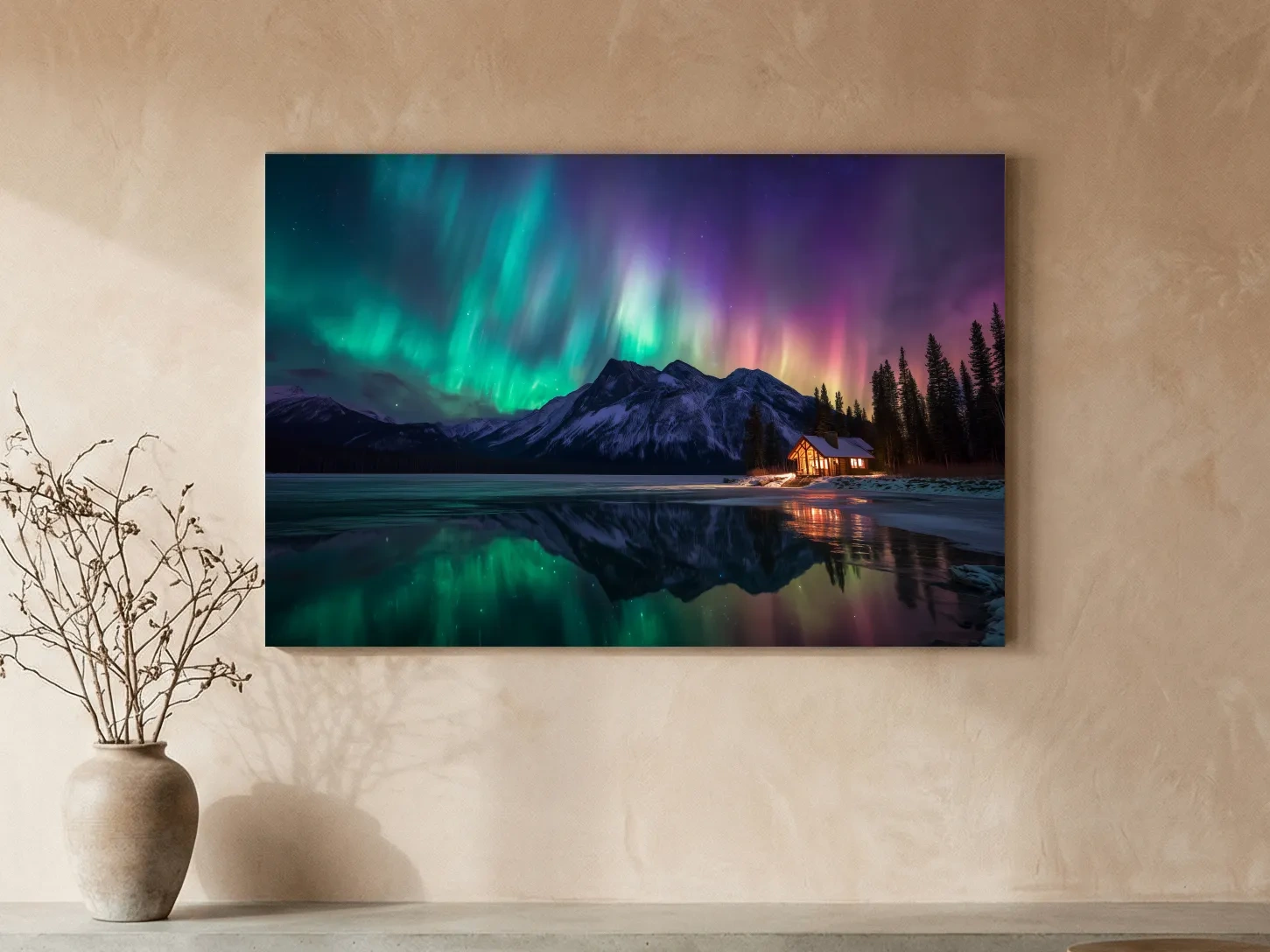 Vibrant Northern Lights Over Mountain Lake Cabin - Aurora Borealis Landscape Wall Art