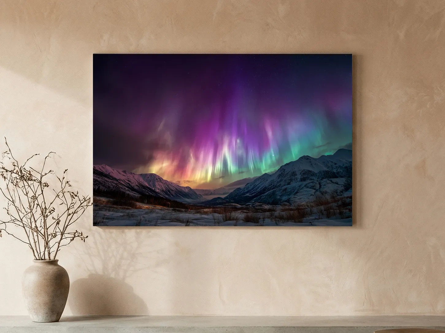 Vibrant Aurora Borealis Over Snowy Mountains - Northern Lights Night Sky Wall Art