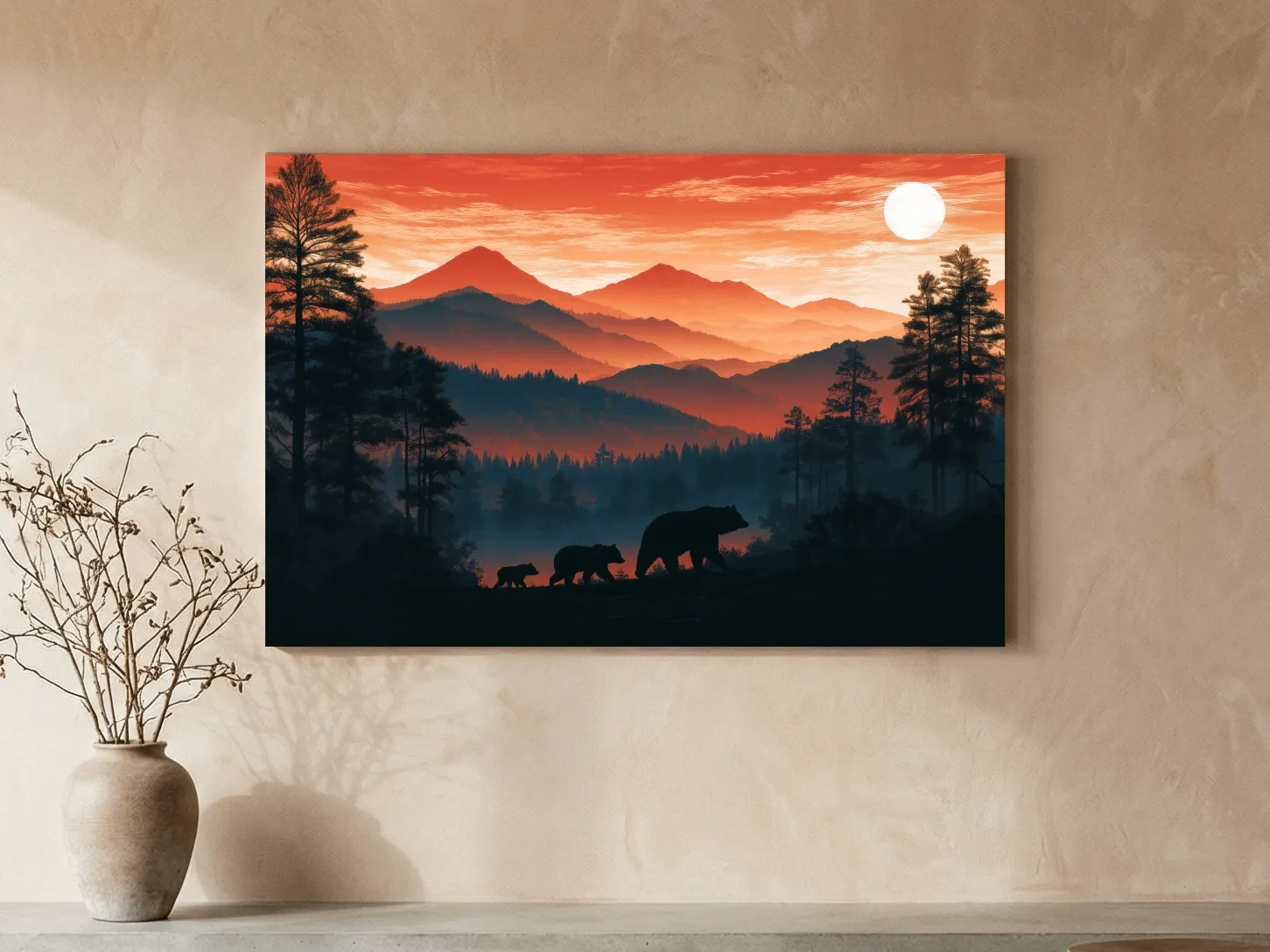 Mountain Sunset Bear Family Silhouettes - Wilderness Landscape Artwork