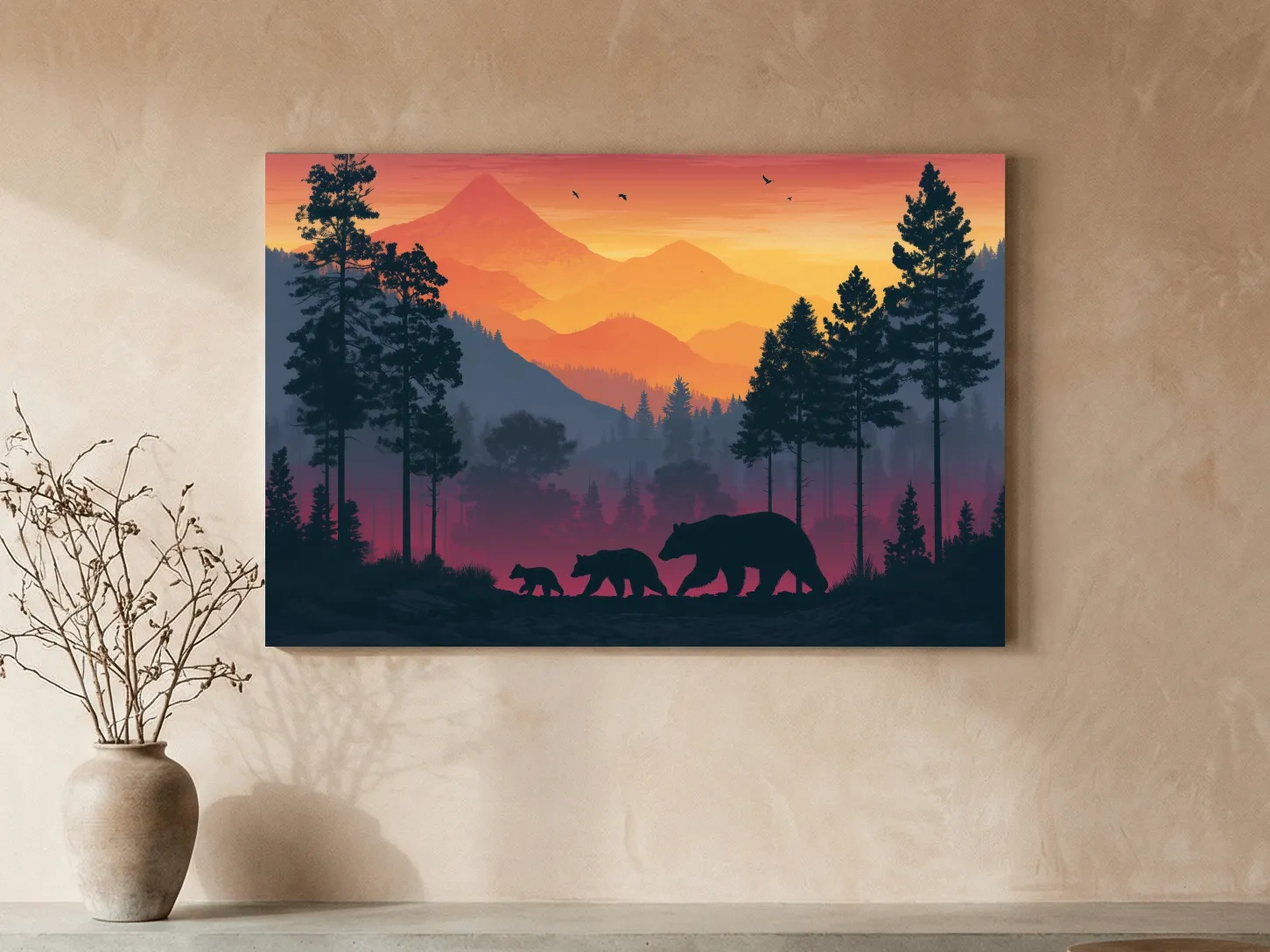 Sunset Momma Bear & Cubs Silhouette - Forest Wildlife Wall Art
