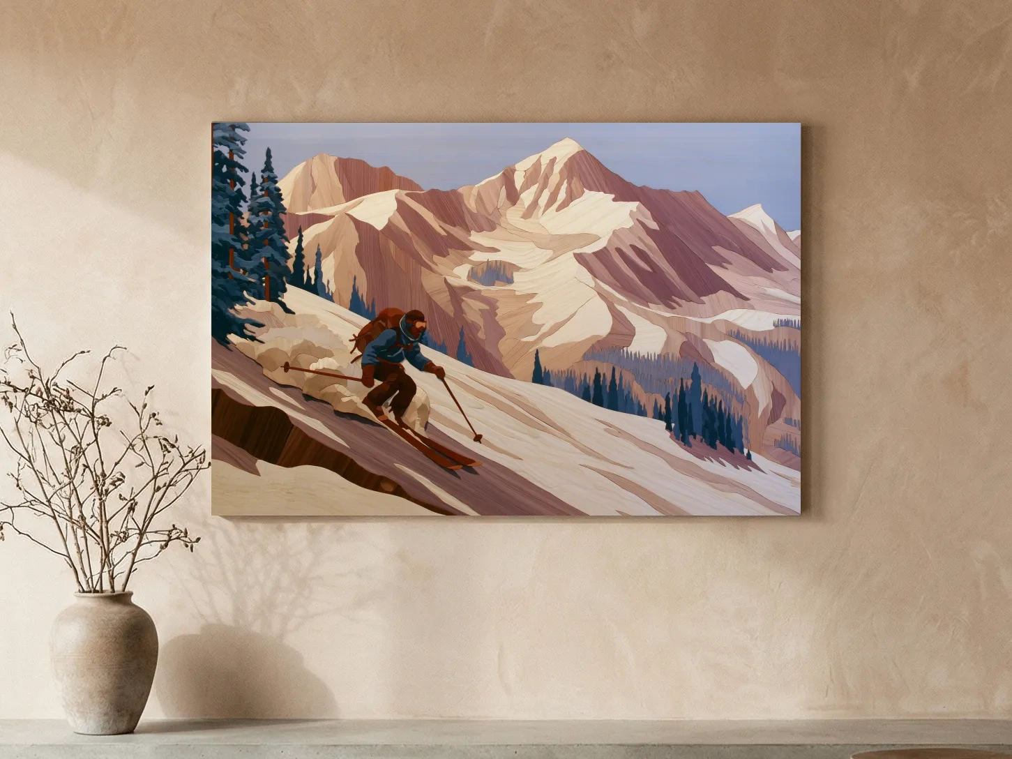 Backcountry Skier Descending Snowy Alpine Peaks - Modern Outdoor Adventure Wall Art