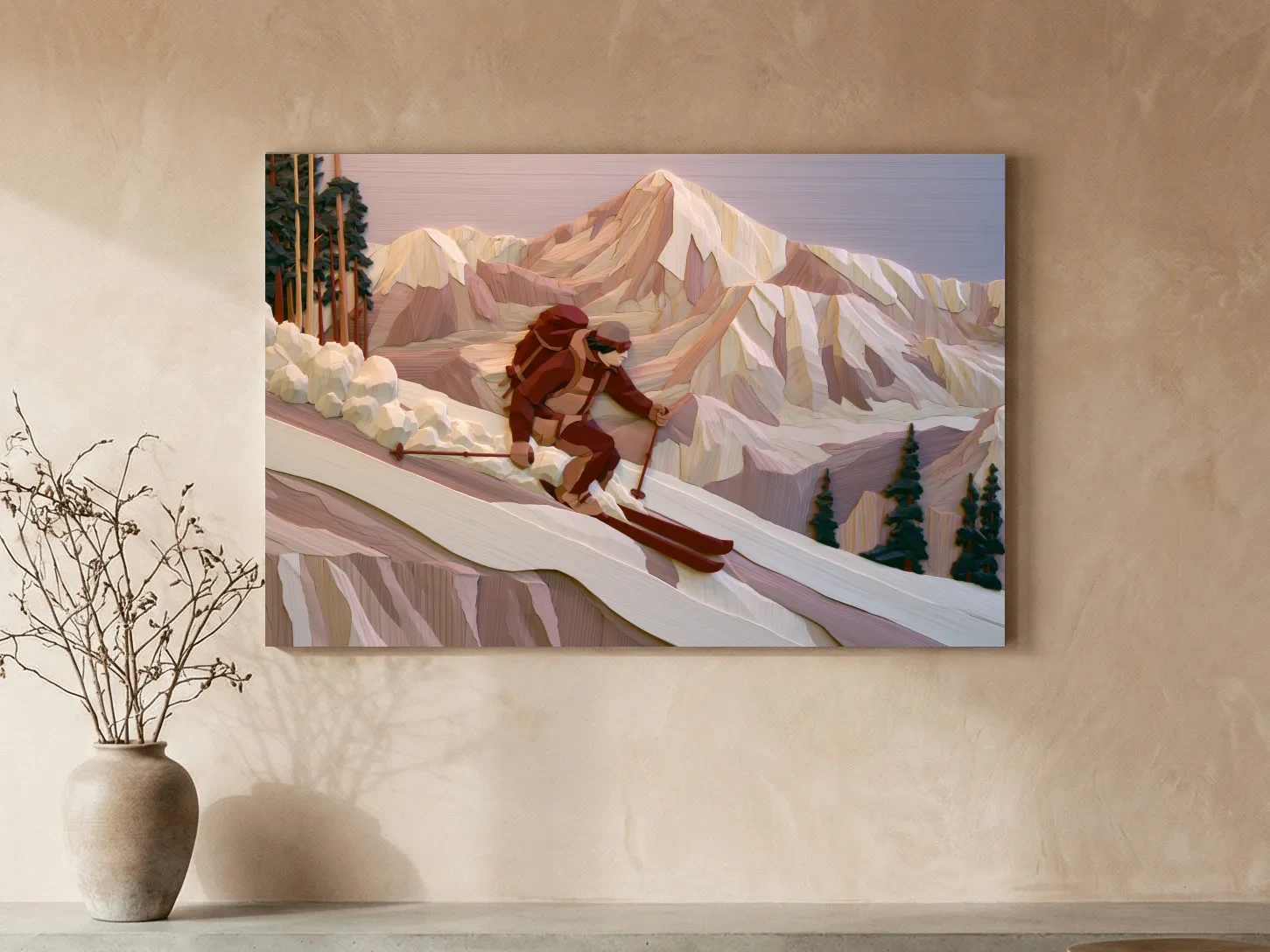 Geometric Backcountry Skier In Alpine Peaks - Winter Mountain Adventure Wall Art