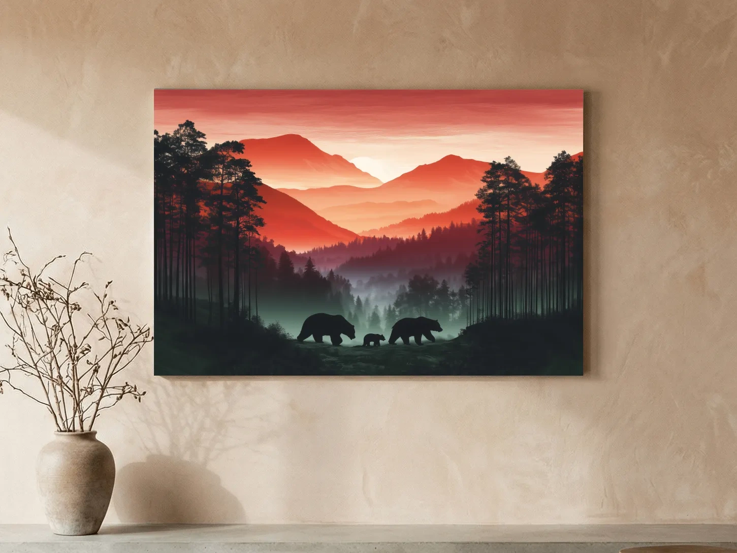 Moody Sunset Mountain Bear Family Silhouettes - Misty Forest Wildlife Wall Art