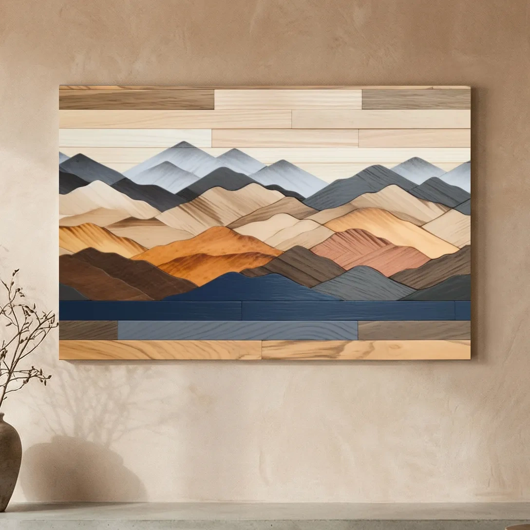 Rustic Layered Wooden Mountain Range Panorama - Modern Geometric Wall Art