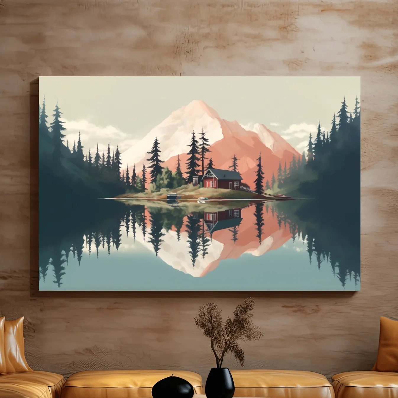 Serene Alpine Lake Cabin Artwork - Minimalist Mountain Landscape Wall Art