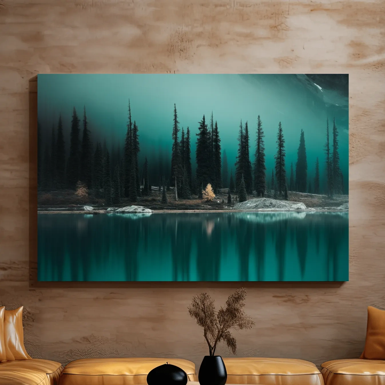 Misty Pine Forest Turquoise Alpine Lake - Serene Mountain Landscape Wall Art