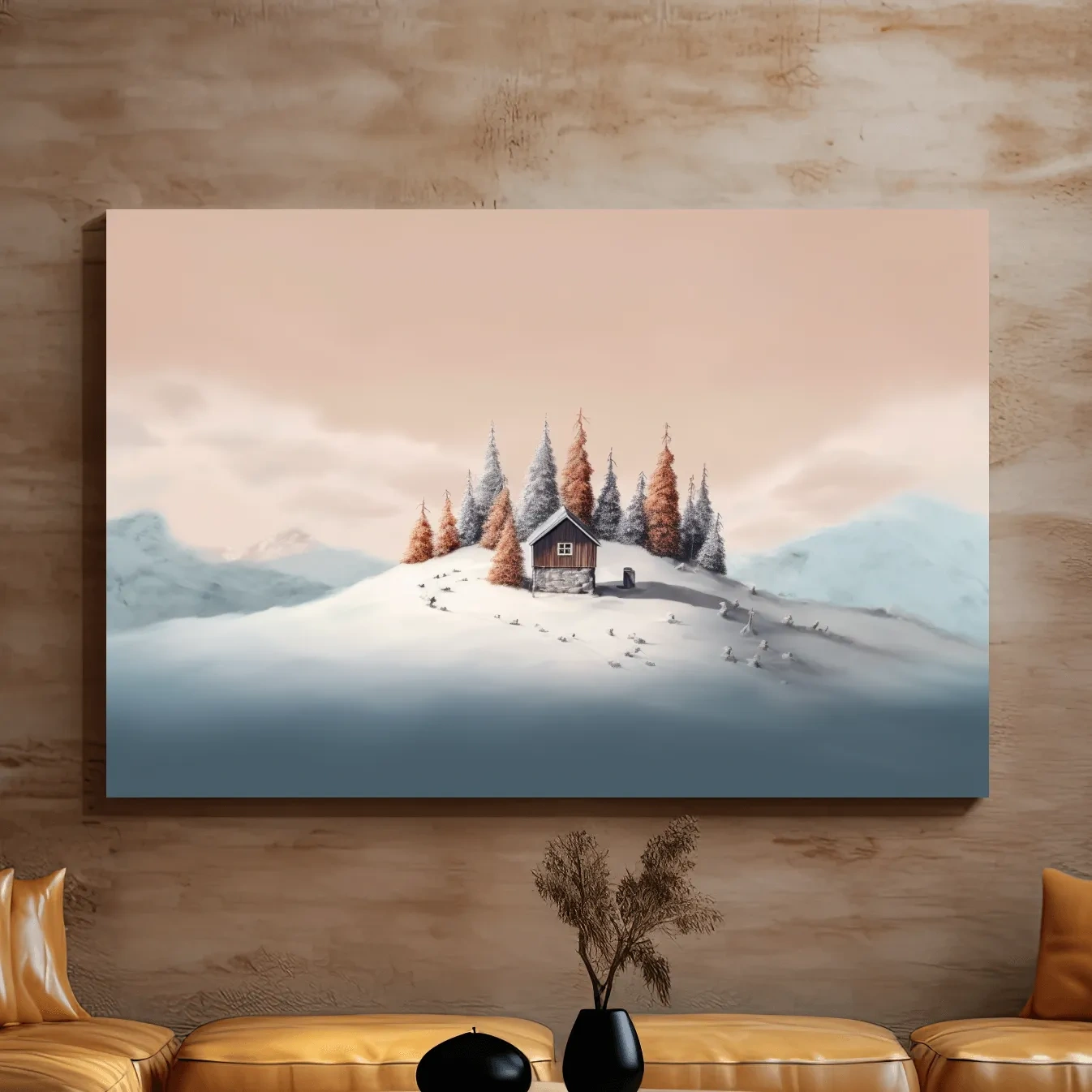 Minimal painting, cabin in the snow