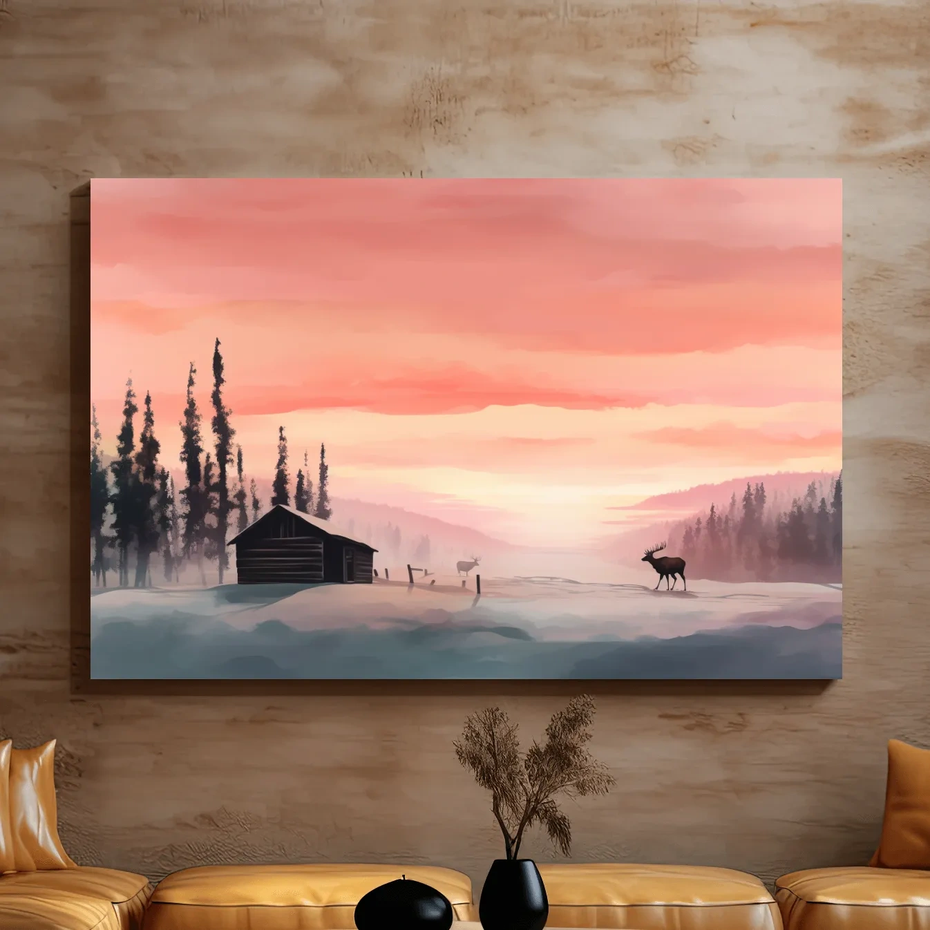 Sunset mountain scene, deer in the snow