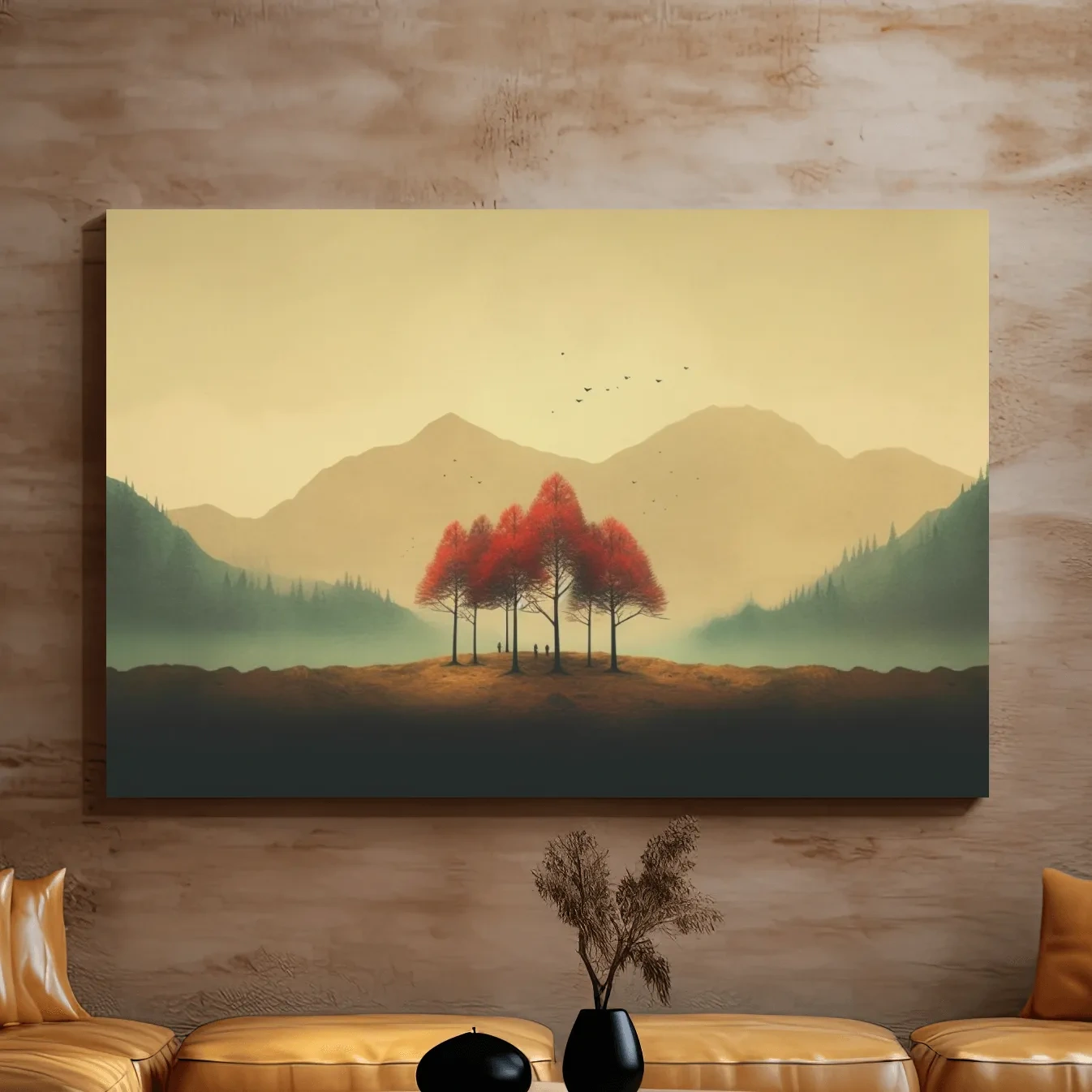 Landscape mountain artwork, minimal painting of autumn trees in the fog