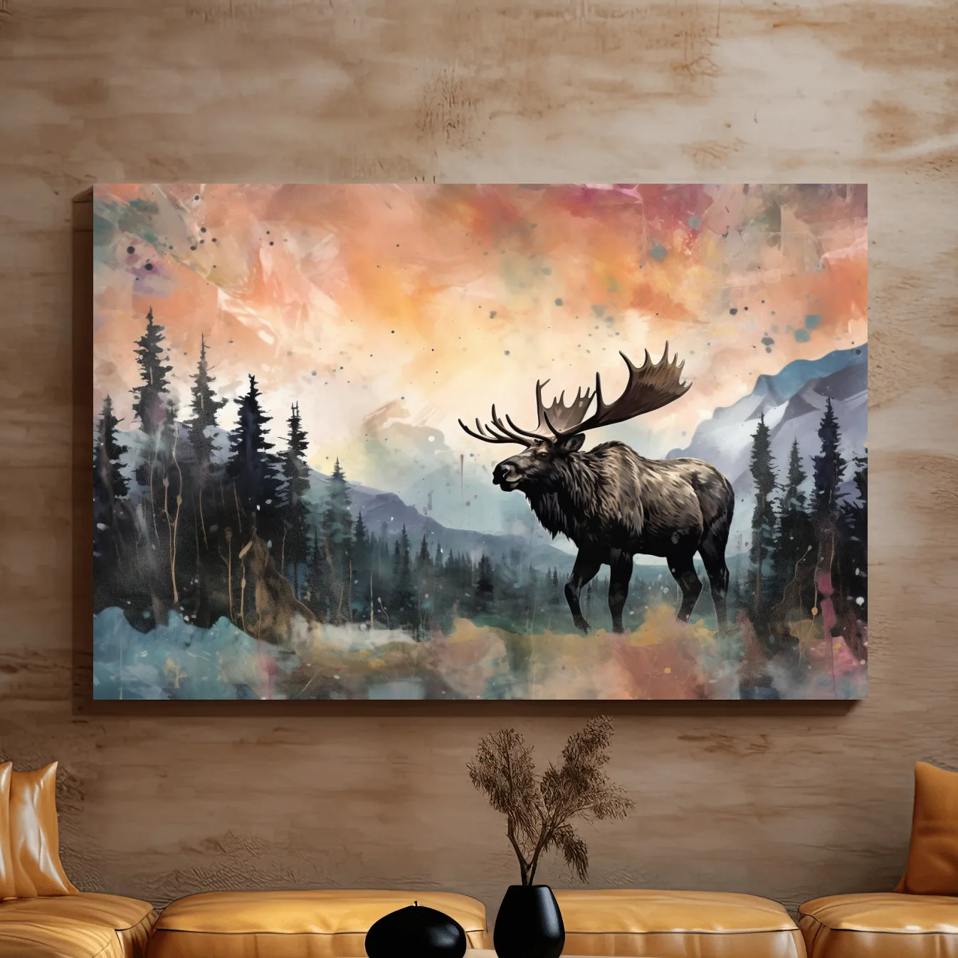 Abstract splattered painting of a moose in mountain scenery