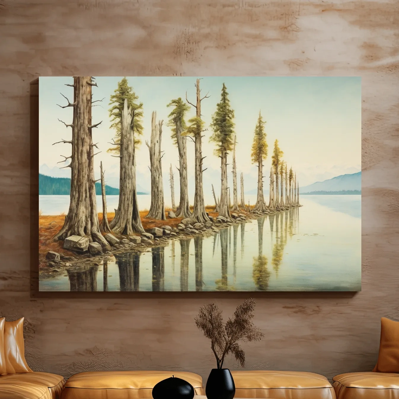 Painting of a line of trees beside a lake and mountains