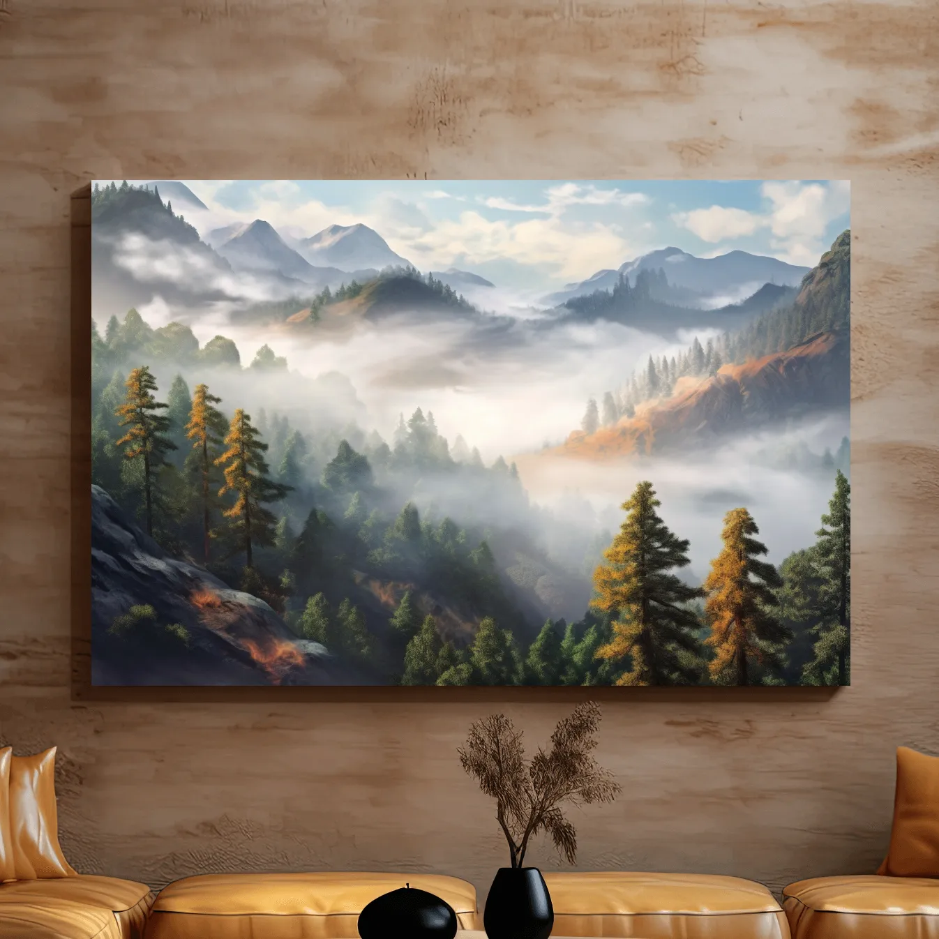 Misty Mountain Valley Forest Landscape - Serene Foggy Nature Painting Wall Art