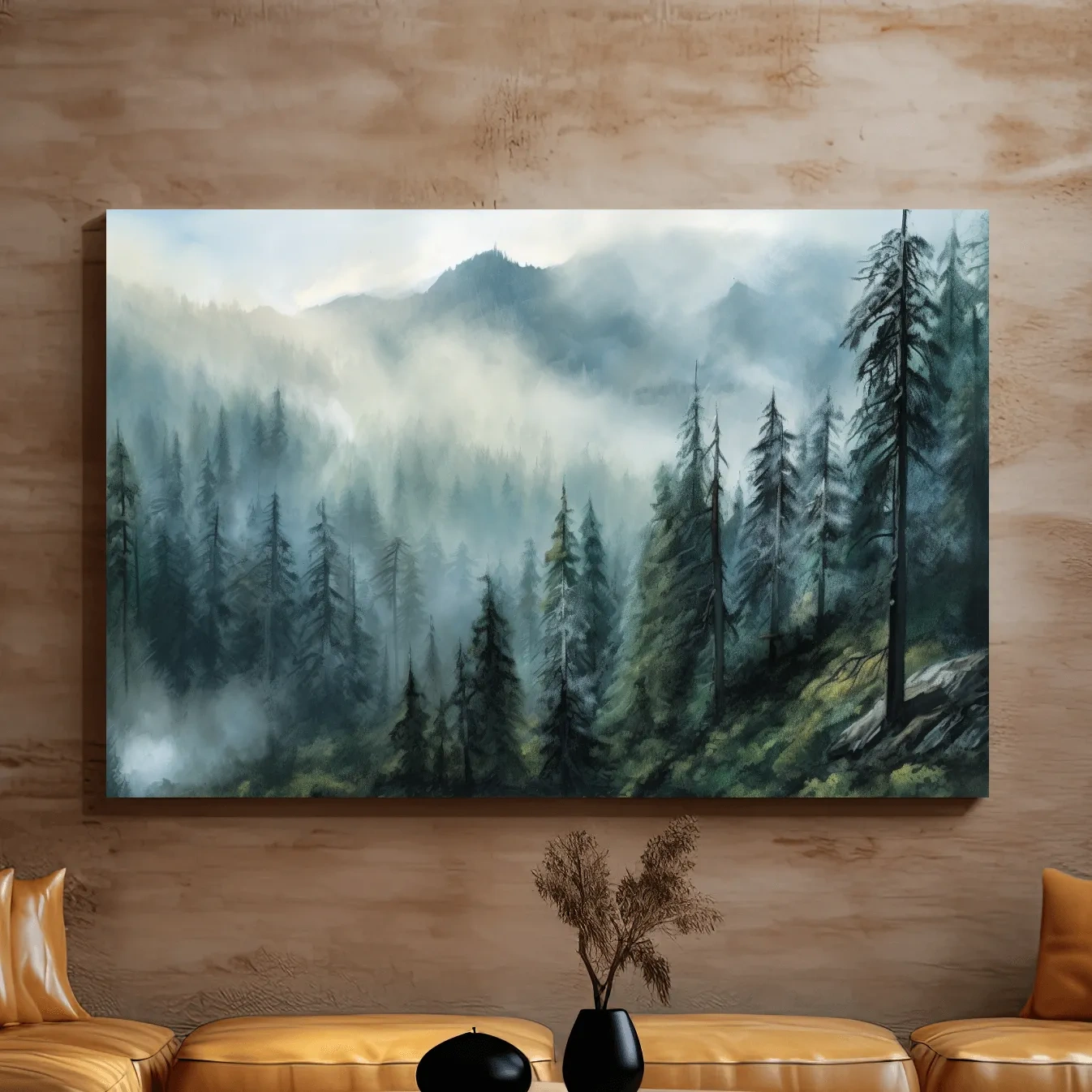 Painting of a foggy forest and mountains
