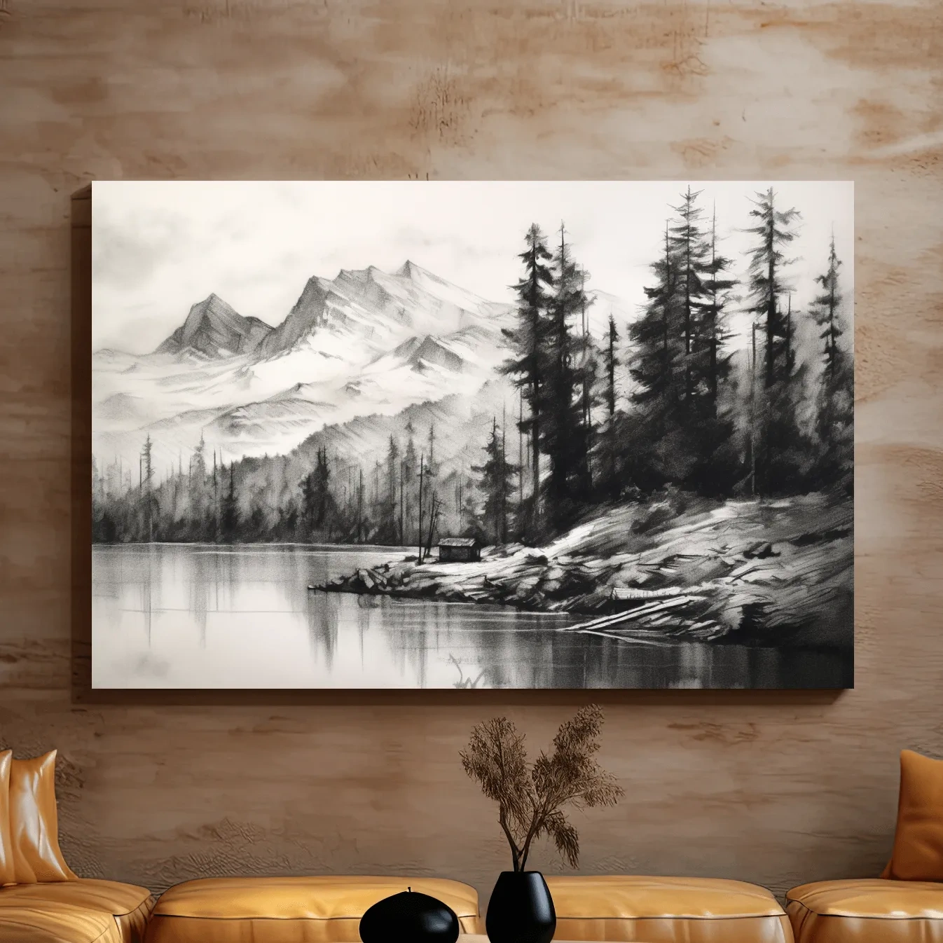 Charcoal drawing of mountains and a lake