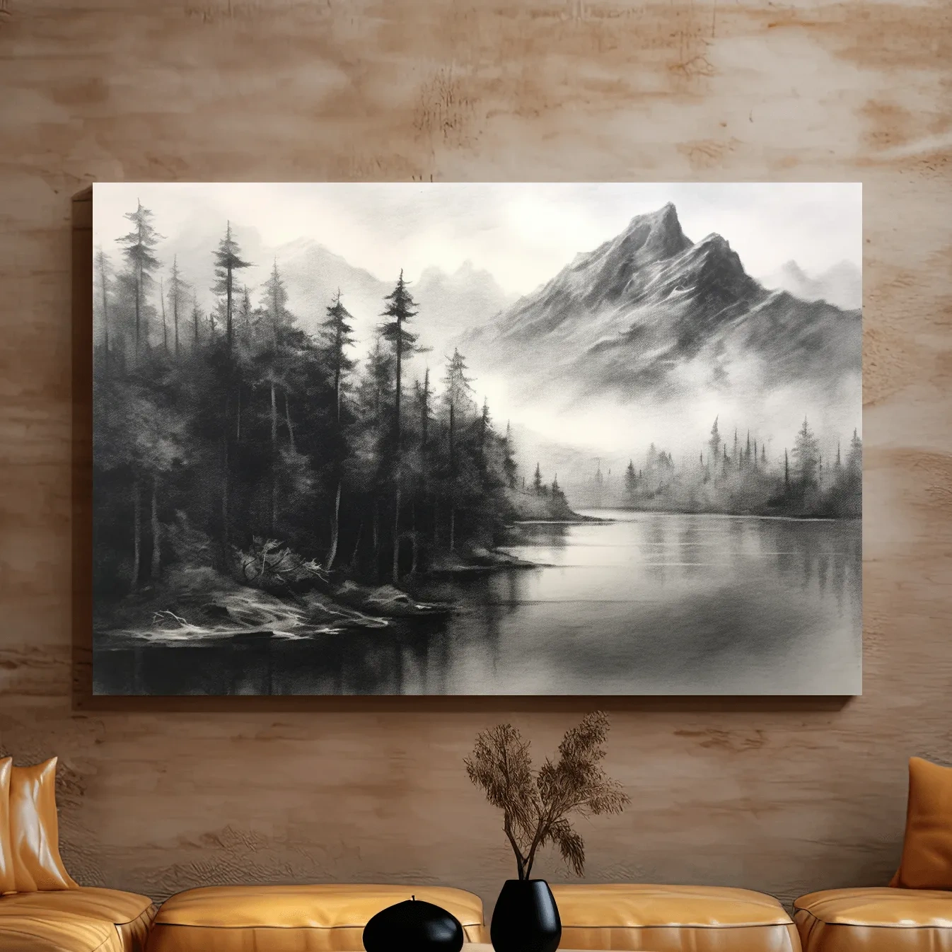 Charcoal drawing of mountains and a lake