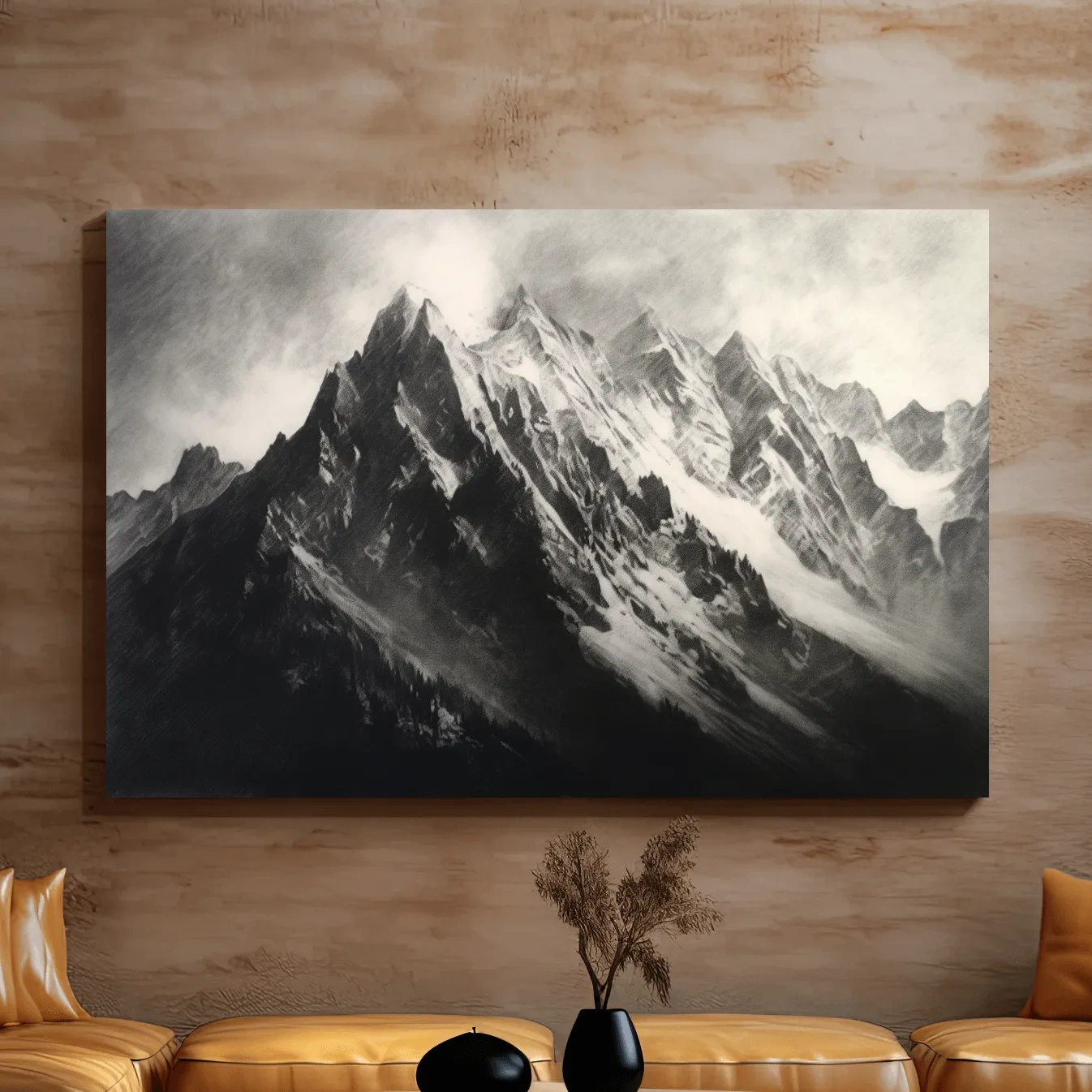 Black & White art - Charcoal drawing of a mountain range
