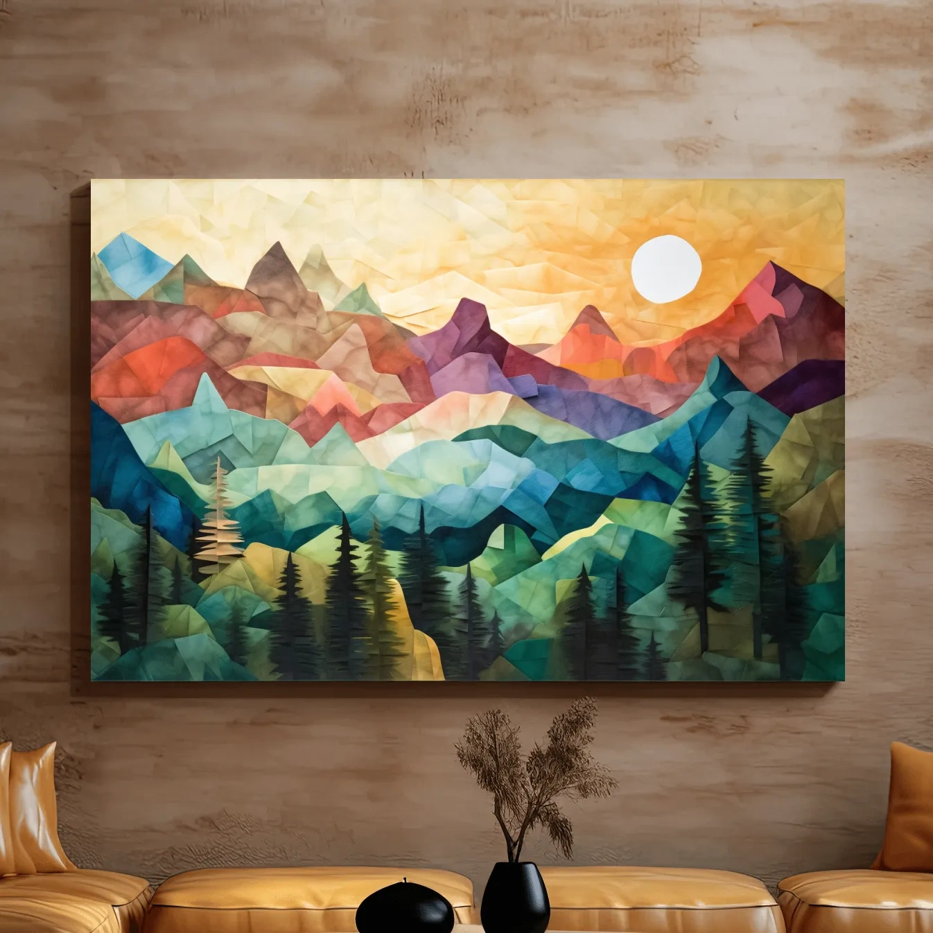 Abstract canvas print of mountains at sunset, patchwork effect
