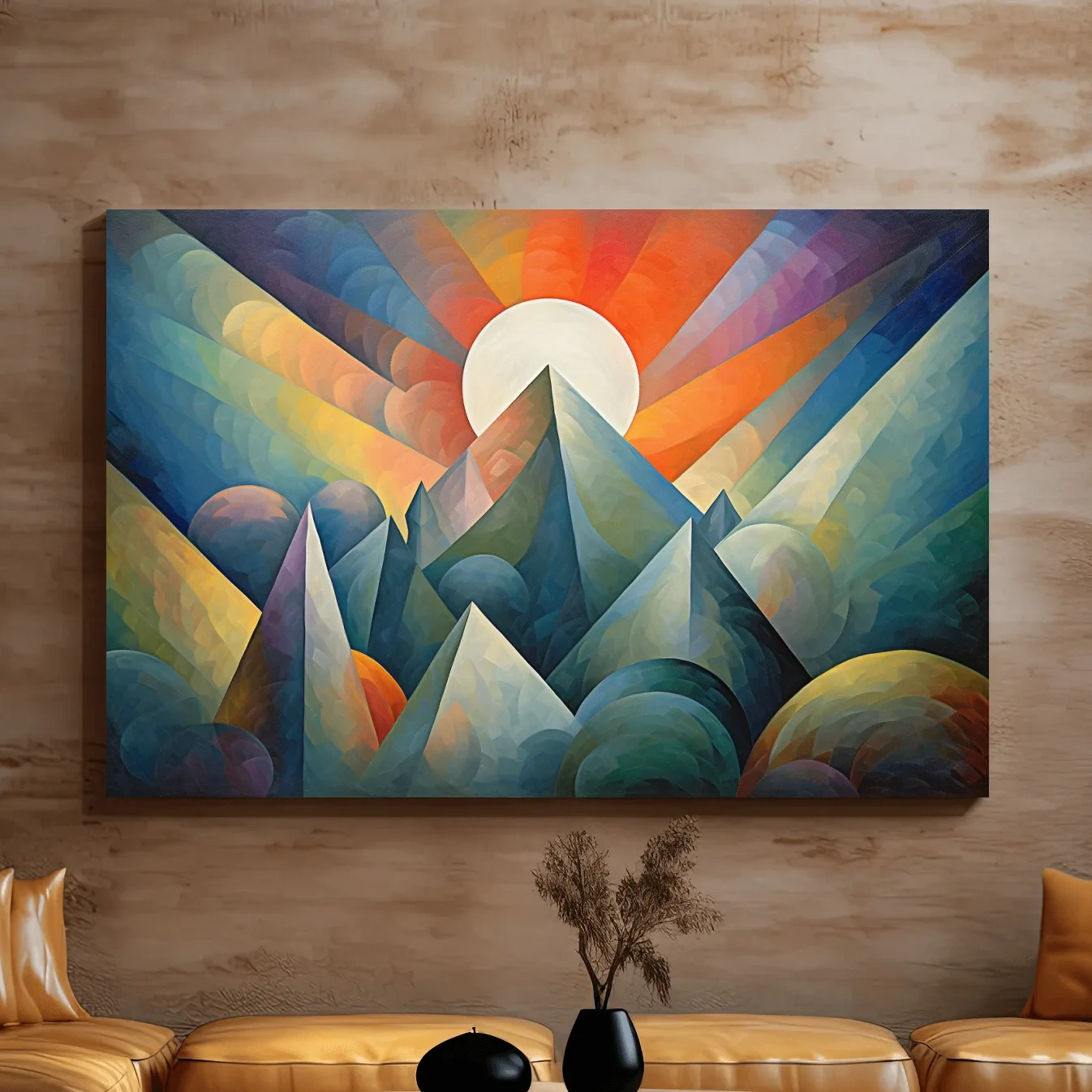 Vibrant Mountain Sunrise Painting - Abstract Alpine Landscape Wall Art