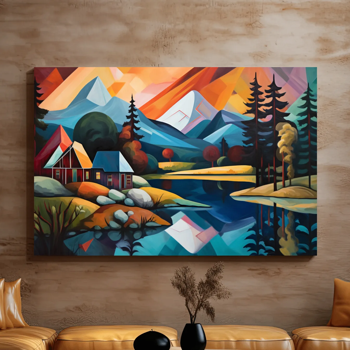 Abstract oil painting of a cabin by a lake, mountain scenery
