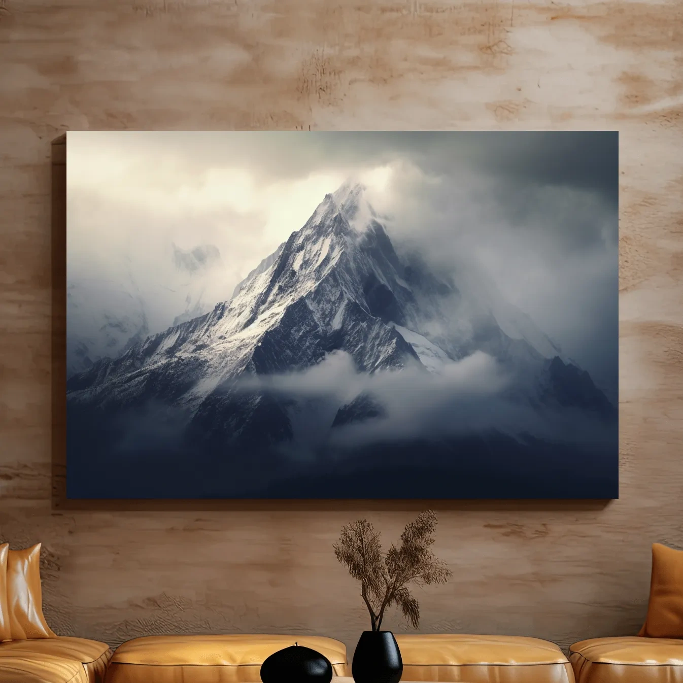 Cloudy Snowcapped Peak Landscape - Dramatic Mountain Photography Wall Art