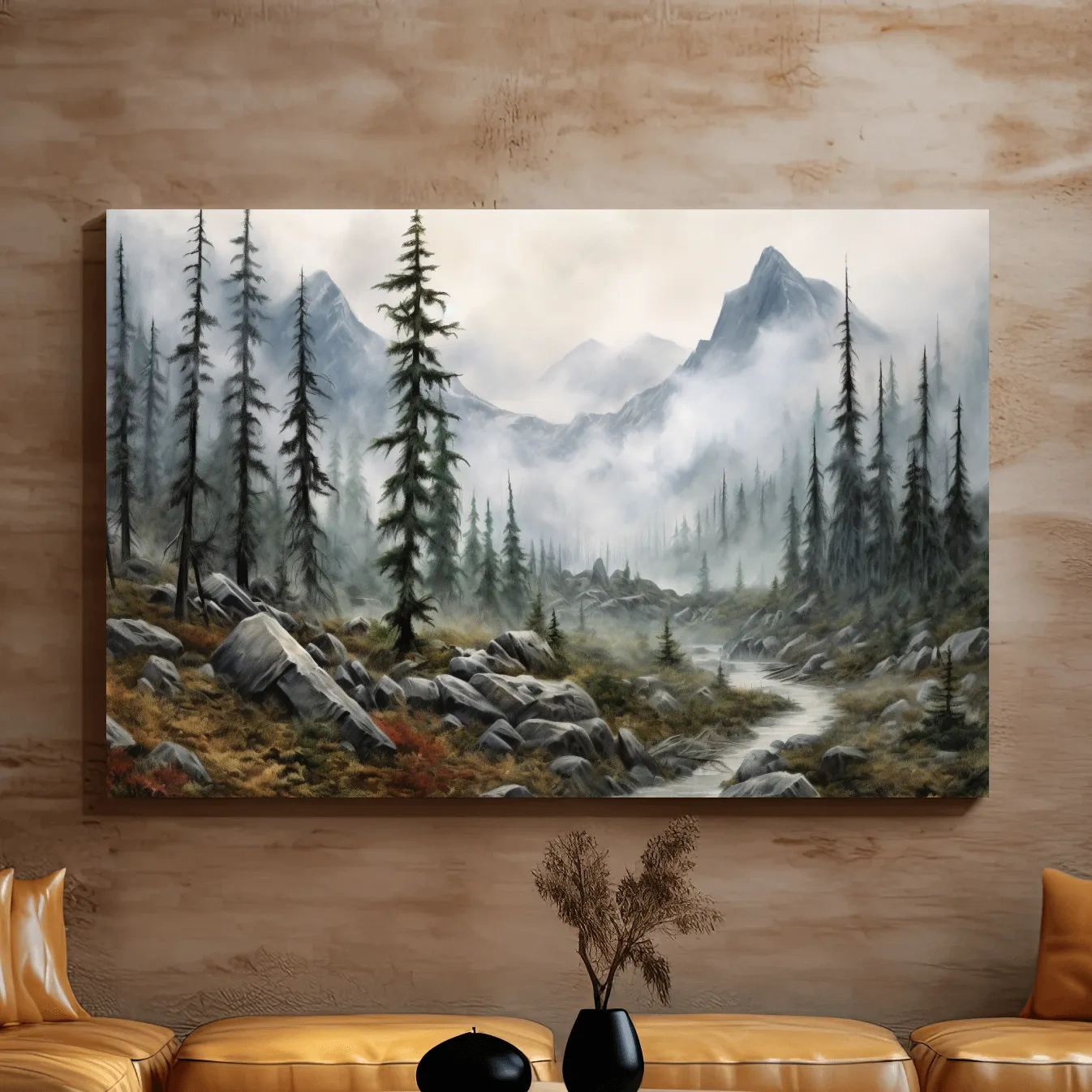 Painting of fog rolling through mountain scenery