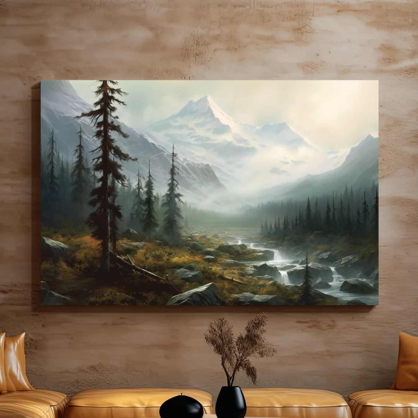 Painting of evening fog in the alpine