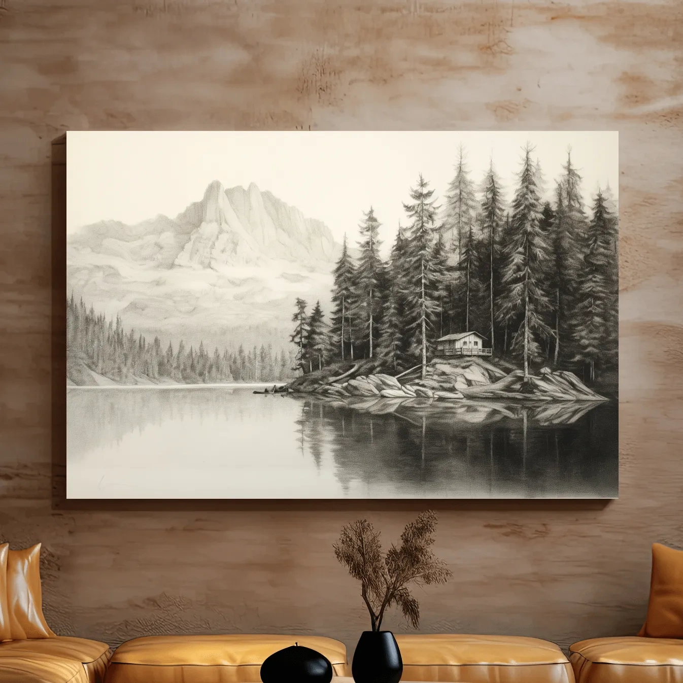 Lead pencil drawing of a cabin by the lake