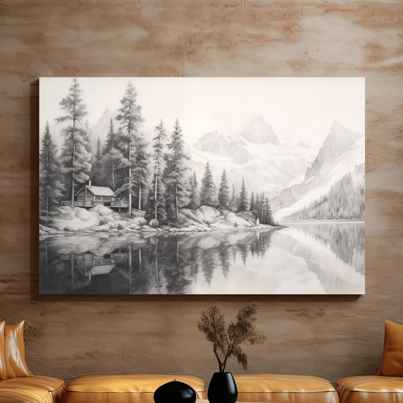 Lead pencil drawing of a cabin by a glacial lake
