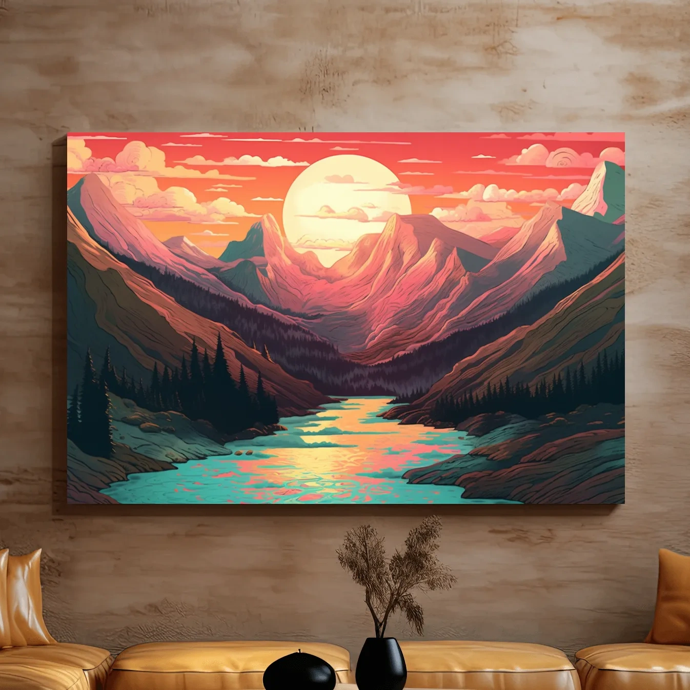 Illustration of a mountain landscape at sunset