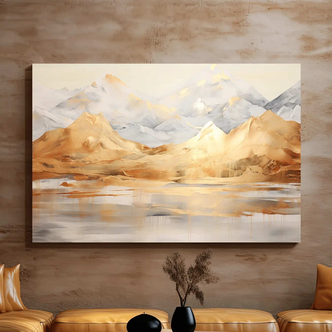 Luxe Golden Abstract Mountain Lake Painting - Elegant Landscape Wall Art
