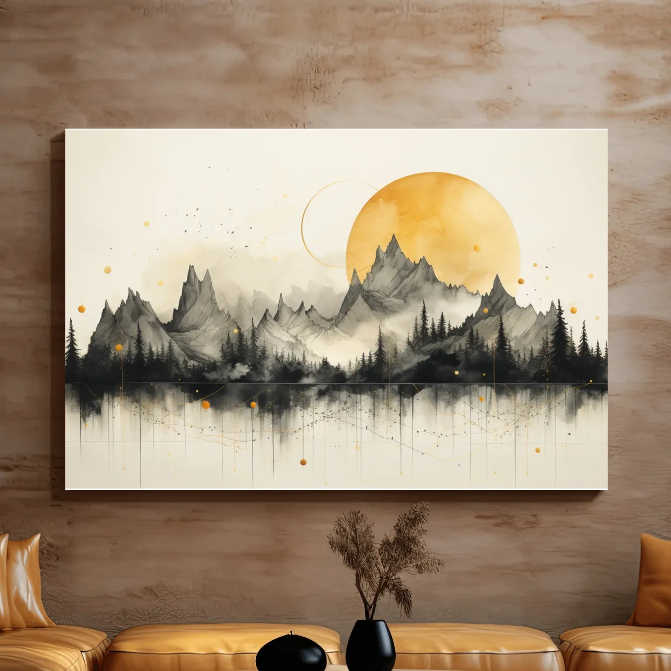 Golden Sun Abstract Mountain Range - Minimalist Watercolor Landscape Wall Art